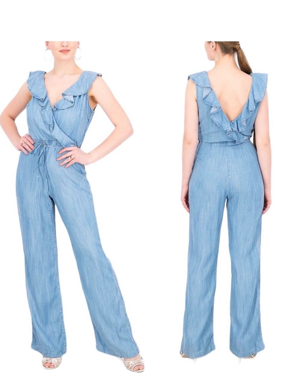 Guess Light Blue Ruffle V-Neck Chambray Jumpsuit